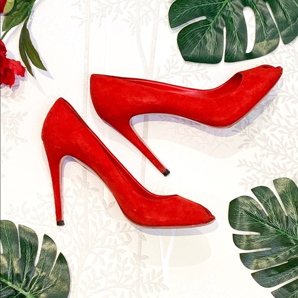 Miu Miu Shoes - Miu Miu Red Suede Peep Toe Pumps Size 8